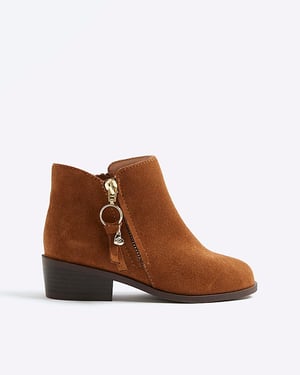 River Island Girls Ankle Boots Brown Faux Suede Zip