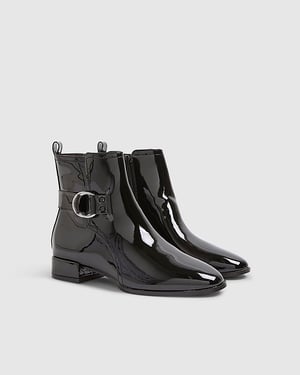 River Island Womens Boots Black Patent Low Block Heel Buckle