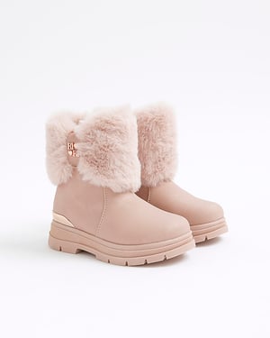 River Island Mini Girls Boots Pink Heart Bow Fur