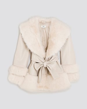 River Island Girls Wrap Coat Cream Faux Fur