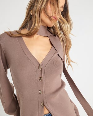 River Island Womens Cardigan Brown Knitted Tie Neck