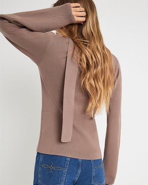 River Island Womens Cardigan Brown Knitted Tie Neck