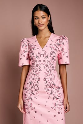 Petite Placement Print Puff Sleeve Cotton Midi Dress