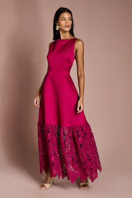 Petite Lace Hem Structured Satin Maxi Dress