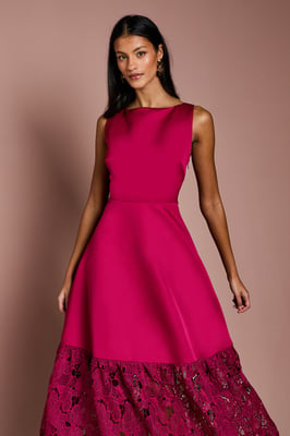 Petite Lace Hem Structured Satin Maxi Dress