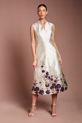 Notch Neck Floral Border Print Jacquard Midi Dress