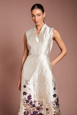 Notch Neck Floral Border Print Jacquard Midi Dress