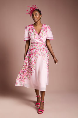 Placement Print Trailing Floral Organza Wrap Midi Dress
