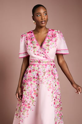 Placement Print Trailing Floral Organza Wrap Midi Dress