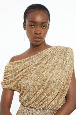 Draped One Shoulder Jersey Stretch Sequin Mini Dress