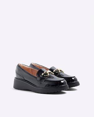 River Island Girls Loafers Black Wedged Bow
