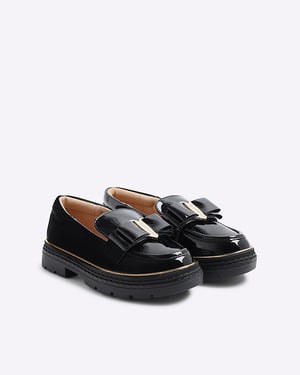 River Island Girls Loafers Black Bow Patent