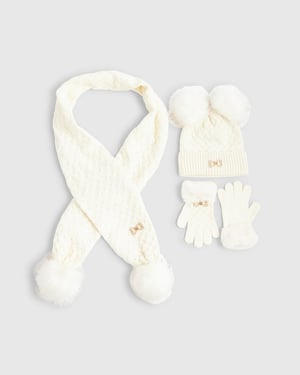 River Island Girls Winter Set Cream 3 Piece Beanie Hat Scarf Gloves