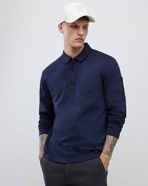 River Island Mens Polo Shirt Navy Slim Fit Sleeve Pocket