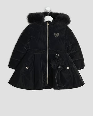 River Island Mini Girls Padded Coat Black Hooded Peplum