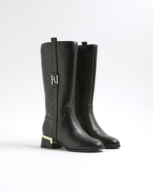 River Island Girls Knee High Boots Black Embossed