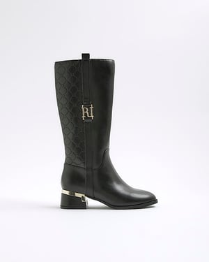 River Island Girls Knee High Boots Black Embossed