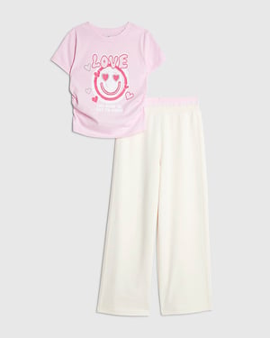 River Island Girls T-Shirt & Trousers Set Cream Love Smiley Face
