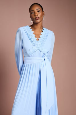 Lace Trim Pleated Leg Jumpsuit With Tie Waist