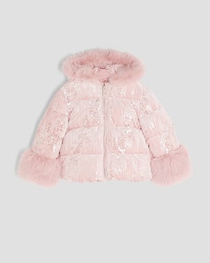 River Island Girls Puffer Coat Pink Sequin