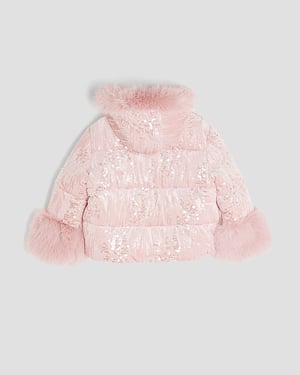 River Island Girls Puffer Coat Pink Sequin