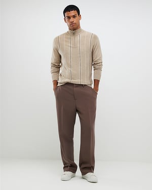 River Island Mens Jumper Beige Slim Fit Striped Half Zip