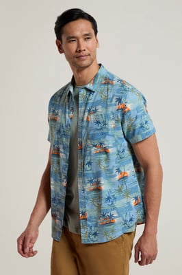 Tropical Printed Men's Short Sleeve Shirt 100% Cotton Chest Pocket Holiday Top Medium Blue
