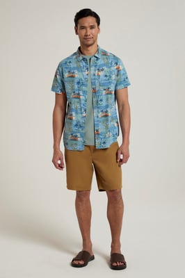 Tropical Printed Men's Short Sleeve Shirt 100% Cotton Chest Pocket Holiday Top Medium Blue