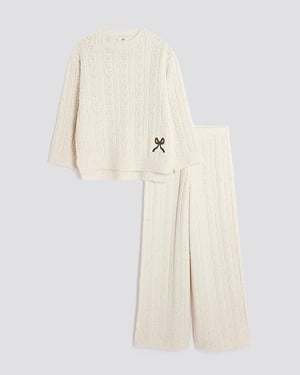 River Island Girls Jumper & Trousers Set Cream Cable Knitted Bow Wide Leg