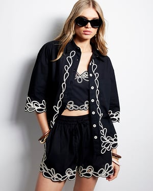 River Island Womens Shirt Black Boxy Embroidered