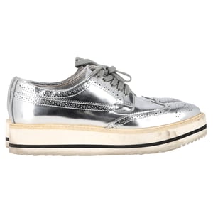 Prada Wingtip Oxford Platform Sneakers in Metallic Silver Leather