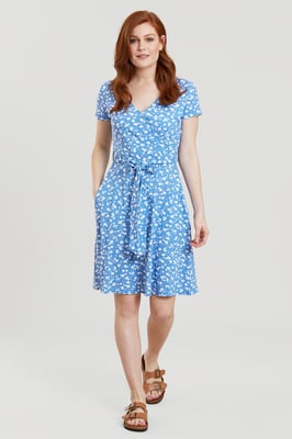 'Santorini' Women's Jersey Wrap Dress with Pockets Summer Comfy Outfit Blue