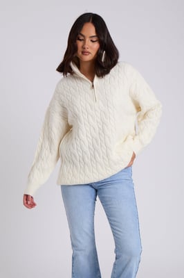 White Cable Zip Neck Jumper