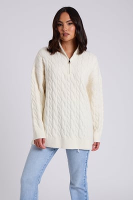 White Cable Zip Neck Jumper