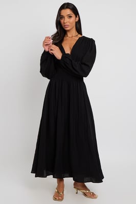 Black Sleeved Elasticated Waist Maxi Dress