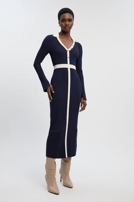 Knit Rib With Contrast Waist Detail Collared Midi Dress