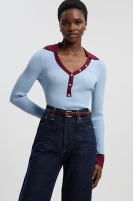 Knit Rib With Contrast Hem Detail Collared Top