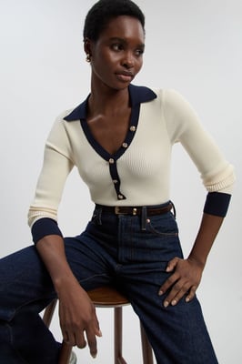 Knit Rib With Contrast Hem Detail Collared Top