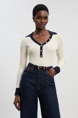 Knit Rib With Contrast Hem Detail Collared Top