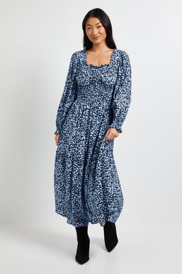 Petite Blue Square Neck Blouson Sleeve Tiered Maxi Dress