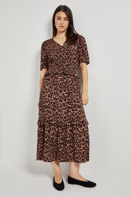 Leopard Empire Shirred Bodice Button Detail Maxi Dress