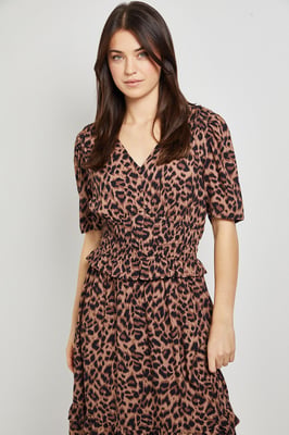 Leopard Empire Shirred Bodice Button Detail Maxi Dress