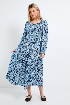 Blue Spot Square Neck Blouson Sleeve Tiered Maxi Dress