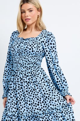 Blue Spot Square Neck Blouson Sleeve Tiered Maxi Dress