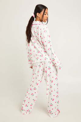 Petite Cherry Print Long Sleeve Shirt & Trouser 3 Piece Pyjama Set