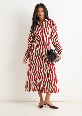 Burgundy Zebra Print Batwing Sleeves Shirt Dress