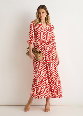 Red Geo Print Smock Maxi Dress