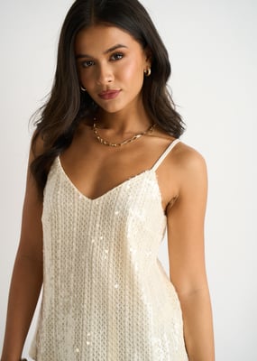 Cream Sequin V Neck Cami Top