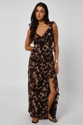 Tortoise Print Ruffle Maxi Dress