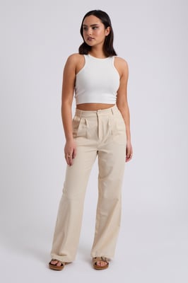 Beige Linen Blend Wide Leg Trouser